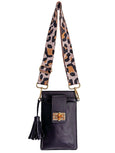 Black leather Luna Lock by Elyse & i phone bag with a leopard print strap on a white background