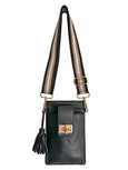 Black leather Luna Lock by Elyse & i crossbody bag with a striped strap on a white background