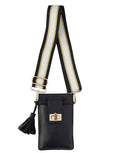 Black leather pouch the Luna Lock by Elyse & i with a striped strap on a white background