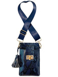 navy python print Luna Lock phone bag by Elyse & i with a matching strap on a white background