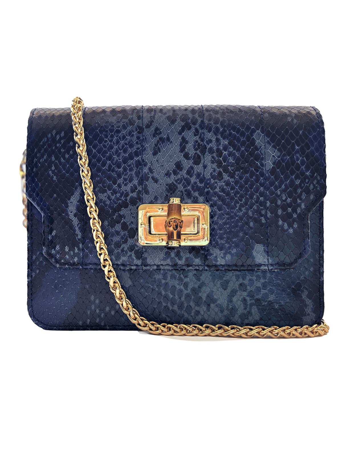 Elyse & i blue snakeskin patterned Otis bamboo turn lock handbag with a gold chain and clasp on a white background