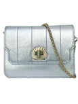 Silver Otis Shell handbag by Elyse & i with a gold chain on a white background
