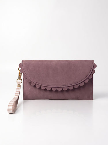 Mauve Purple Nubuck leather purse with scallop detail and stripe wrist strap.