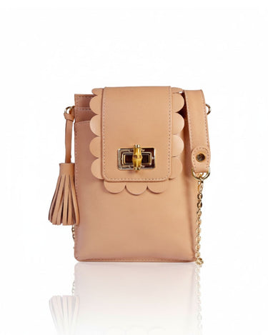 Blush Beige handbag with scalloped edges and a gold clasp on a white background