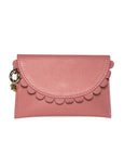 Pink Bella Purse wallet by Elyse & i with scalloped edge and gold chain on a white background