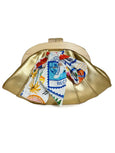 Gold Elyse & i Dawn Scallop clutch with colorful fabric lining on a white background
