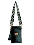 Black Elyse & i Luna Lock handbag with a leopard print strap on a white background