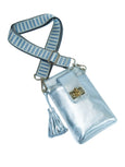 Matt silver metallic Elyse & i phone pouch with strap on a white background