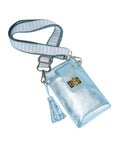 Matt silver metallic Elyse & i phone pouch with strap on a white background