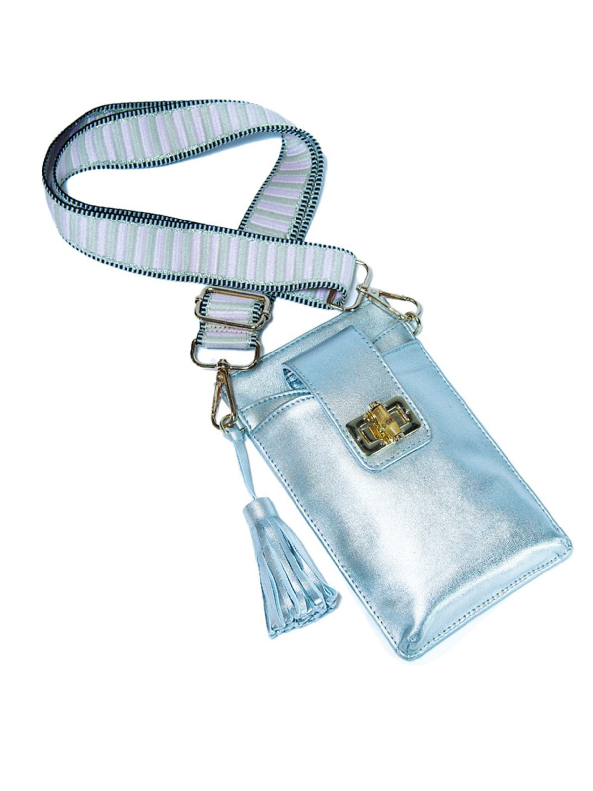 Matt silver metallic Elyse & i phone pouch with strap on a white background