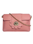 Pink handbag with shell design - Elyse & i's Finn Scallop - and gold chain strap on a white background