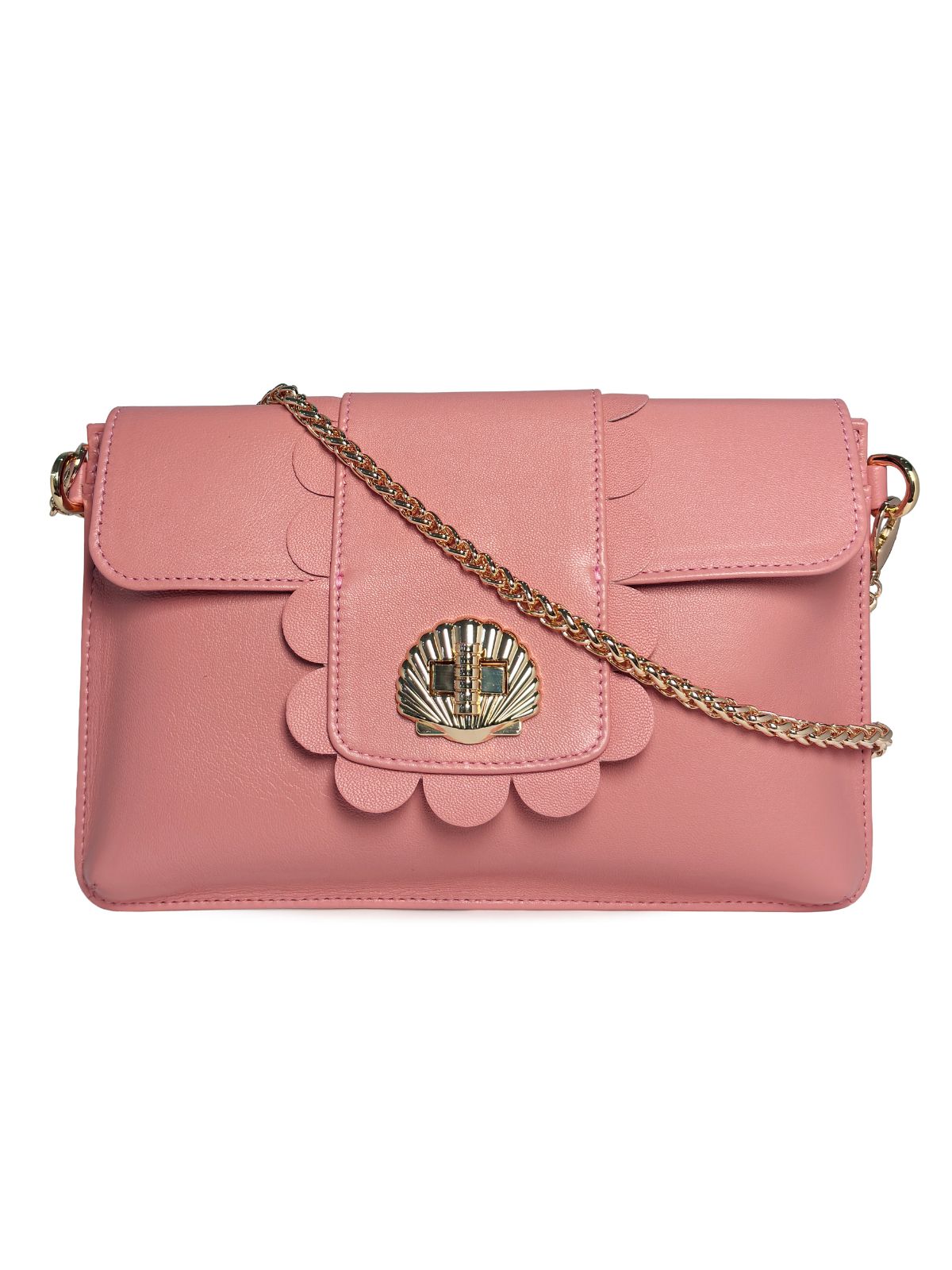 Pink handbag with shell design - Elyse & i's Finn Scallop - and gold chain strap on a white background