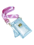 Matt silver metallic Elyse & i phone pouch with pink strap on a white background