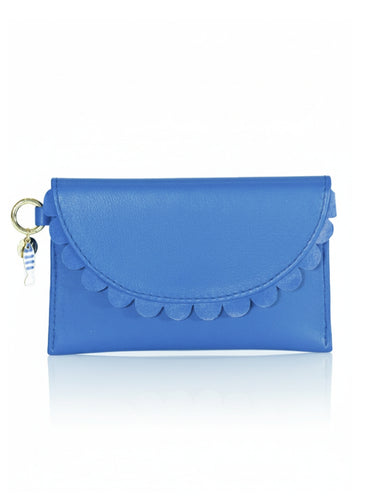 Blue clutch bag with scalloped edge on a white background
