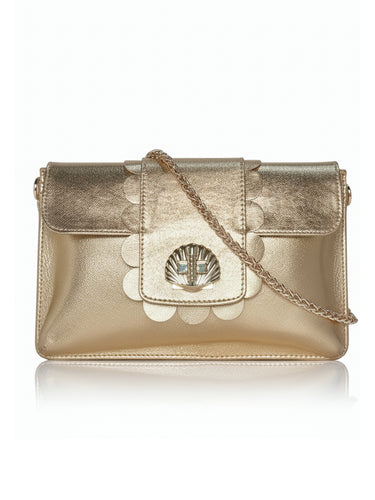 Gold handbag with floral design and chain strap on a white background