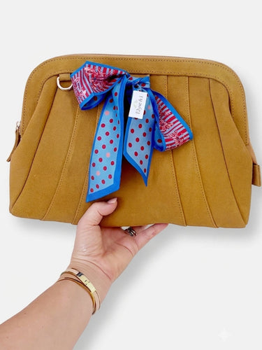 Blue and Maroon spot scarf with lobsters on a suede bag.