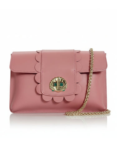 Pink handbag with scalloped edge and gold chain strap on a white background