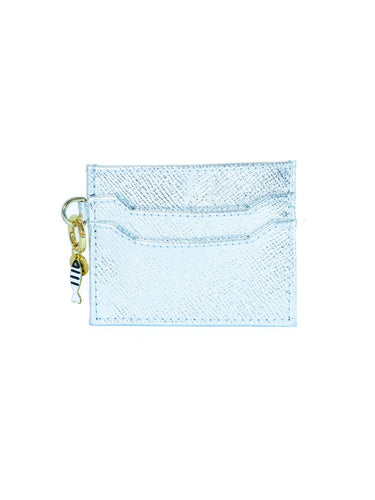 Light blue cardholder with a keychain on a white background
