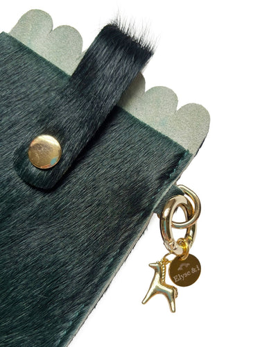 Forest Green glasses case with close up with gold horse charm