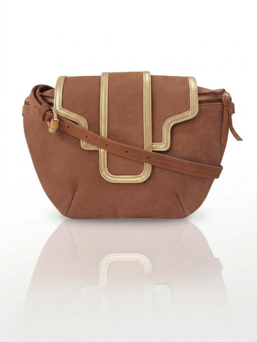 Toffee brown crossbody bag with gold trims and detachable strap. Flap of the bag has panel work.