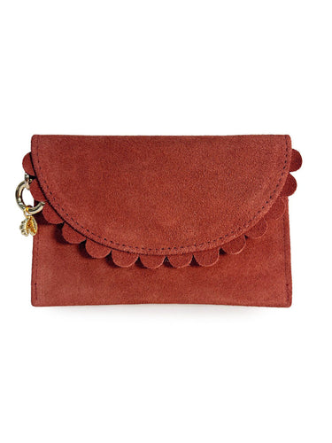 Brown Bella Scallop by Elyse & i  suede wallet with scalloped edge on a white background
