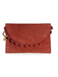 Brown Bella Scallop by Elyse & i  suede wallet with scalloped edge on a white background