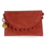 Red Bella Scallop by Elyse & i  clutch purse with scalloped edge and gold heart charm on a white background