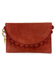 Bella Scallop by Elyse & i  purse in terracotta brown suede with scalloped edge on a white background