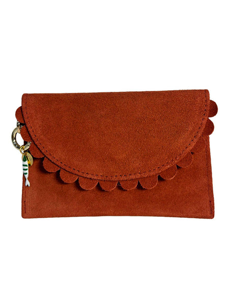 Brown Bella Scallop by Elyse & i  clutch purse with scalloped edge and keychain on a white background