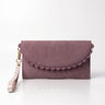 Mauve Purple Nubuck leather purse with scallop detail and stripe wrist strap.