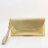 Gold purse with scallop detail and stripe wrist strap