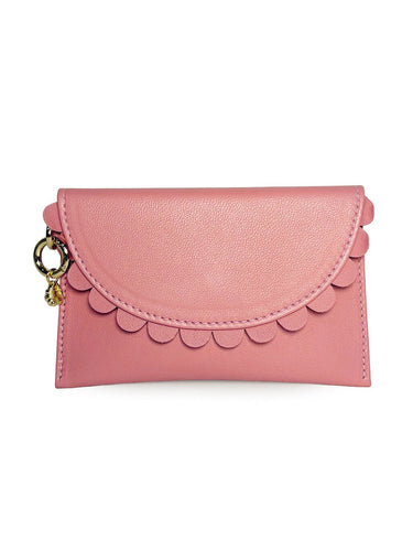 Pink Bella Purse wallet by Elyse & i with scalloped edge and gold charm on a white background