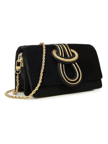 Elyse & i Nell Knot black and gold lambskin leather, with chain strap, side view.