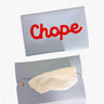 baby blue leather tissue holder with the slogan ' CHOPE' on it. 

