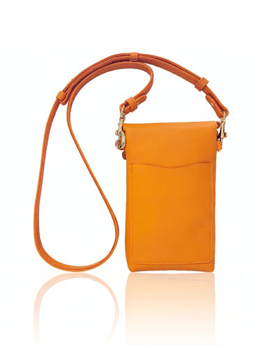 Orange crossbody bag with a strap on a white background
