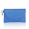 Blue clutch bag with scalloped edge on a white background
