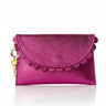 Pink clutch bag with scalloped edge on a white background