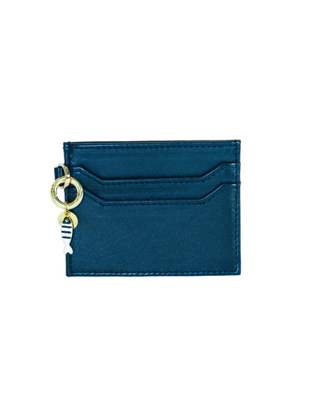 black Elyse & i leather cardholder with a keychain on a white background