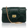 Green handbag with scalloped edge design and gold chain strap on a white background