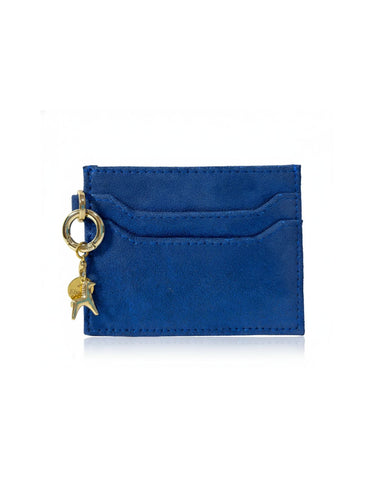 Blue cardholder with a gold keychain on a white background