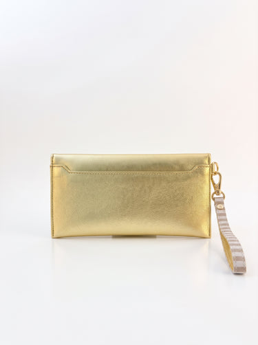 Gold Purse in the rear view showing a pocket and wrist strap.