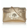 Gold handbag with floral design and chain strap on a white background