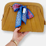 Blue and Maroon spot scarf with lobsters on a suede bag. 