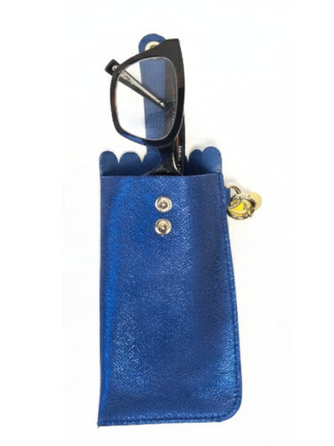 Blue glasses case with a pair of glasses on a white background