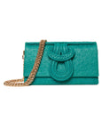 Teal handbag with gold chain on a white background