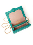 Teal handbag with gold chain on a white background
