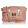 Pink handbag with gold accents on a white background