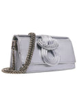 Silver handbag with chain strap on a white background