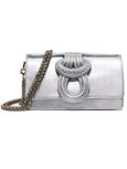 Silver handbag with a chain strap on a white background