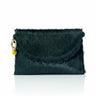 Green clutch purse bag with ruffled edge and gold and yellow accents on a white background